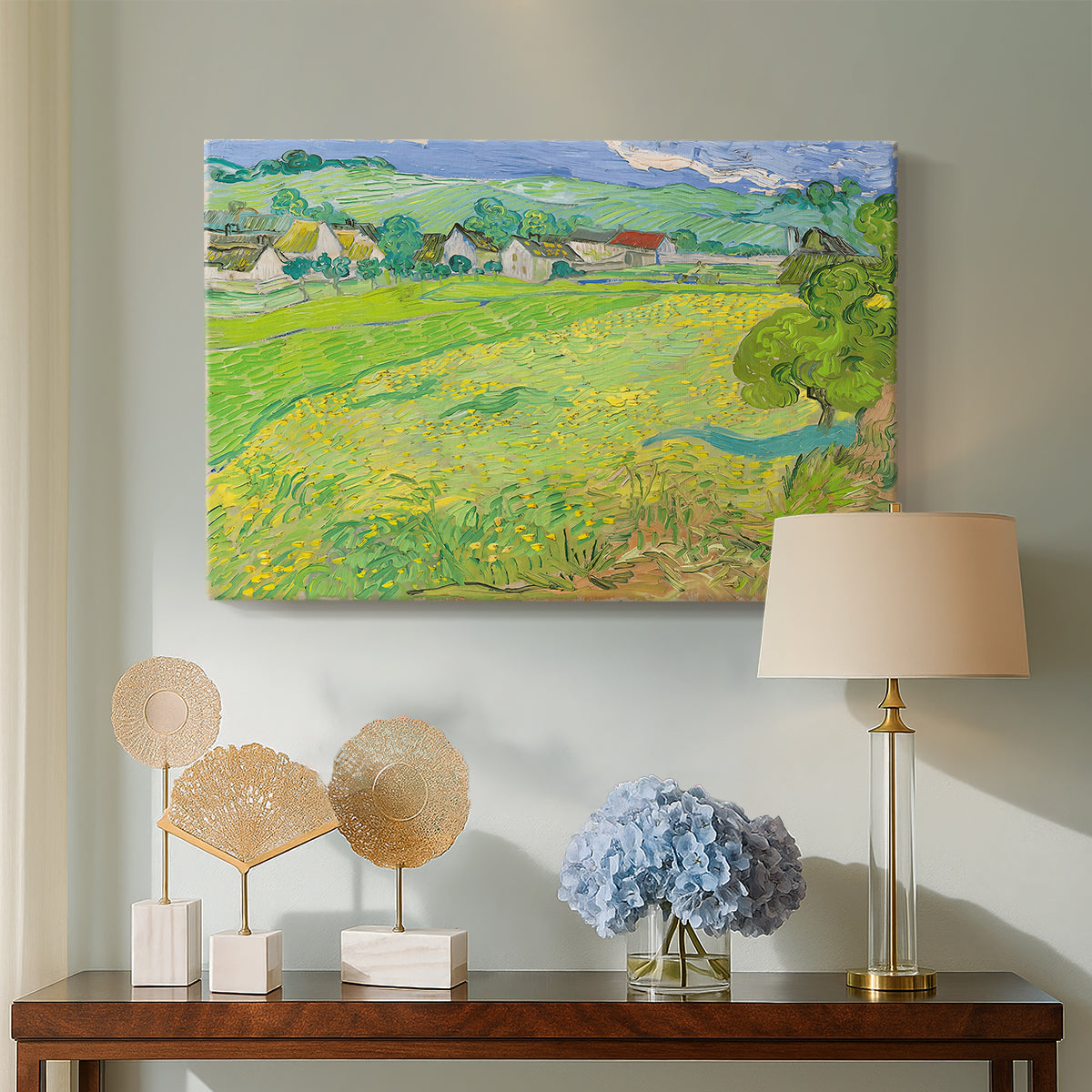 Canvas art print featuring a post-impressionist landscape emphasizing depth and color, displayed above a styled console table