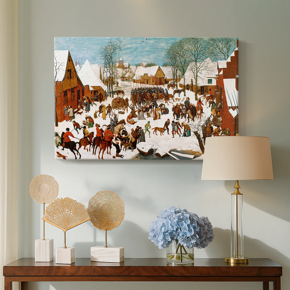 Canvas art print featuring a crowded scene with intense interaction and movement, displayed above a styled console table