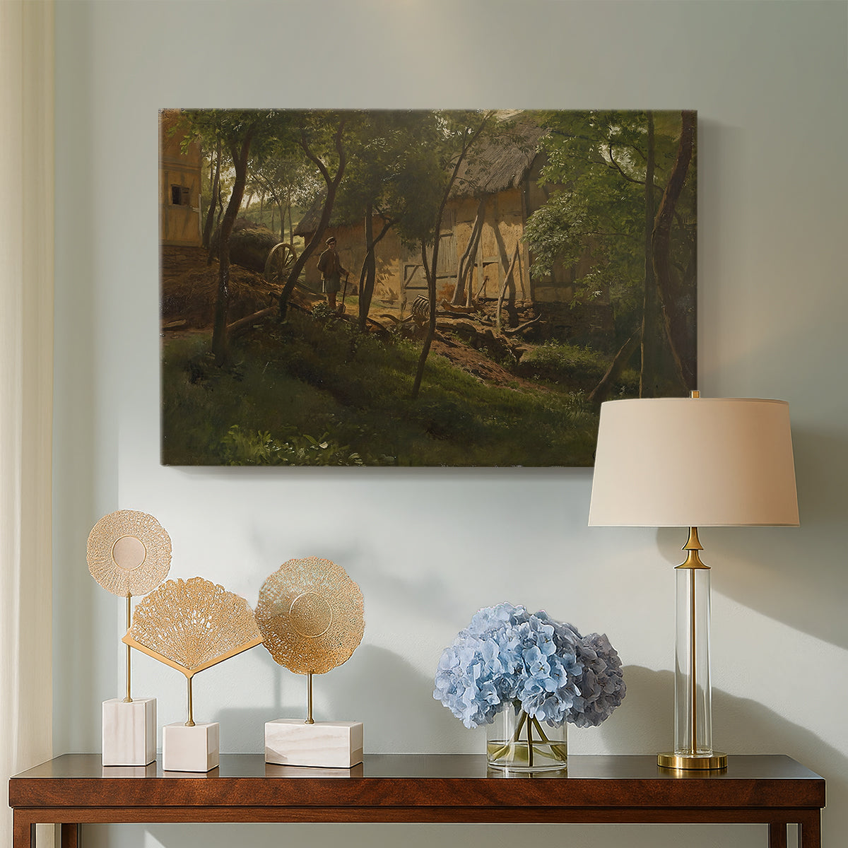 Canvas art print featuring a pastoral environment with farmhouse and vegetation, displayed above a styled console table