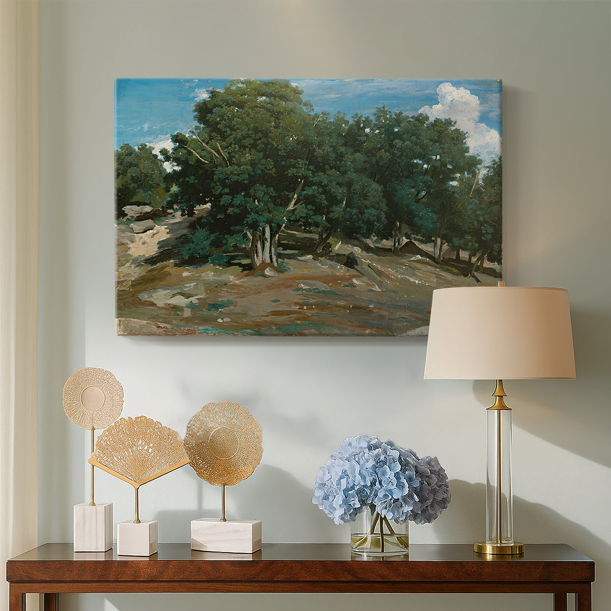 Canvas art print featuring a natural setting with detailed tree forms and soft atmosphere, displayed above a styled console table
