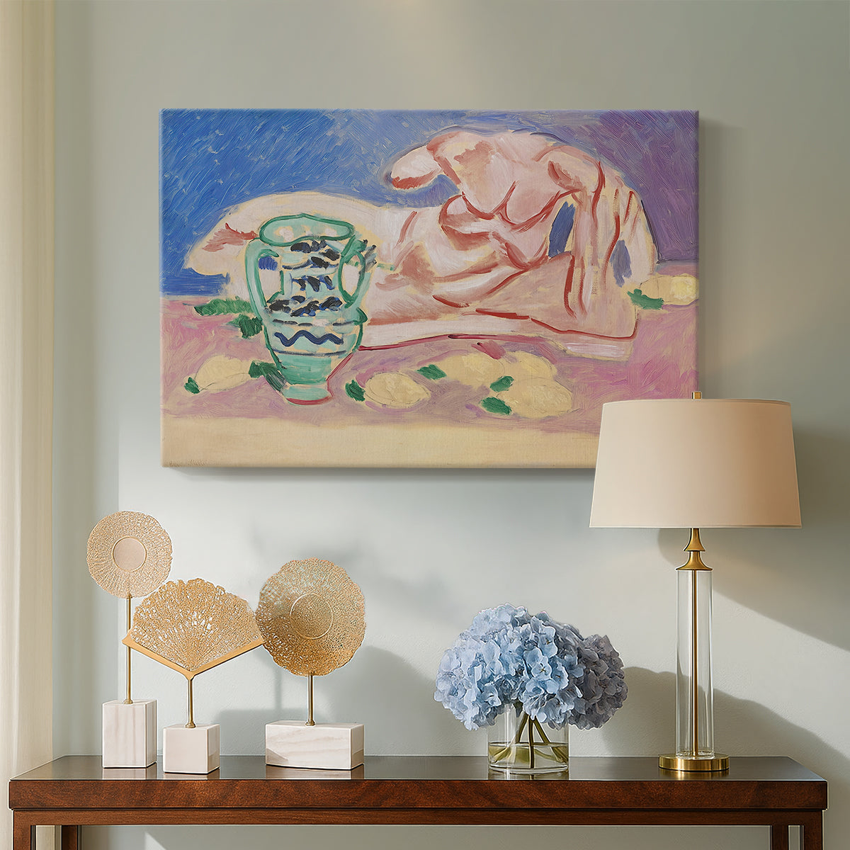Canvas art print featuring a modern interpretation of a classical nude form, displayed above a styled console table