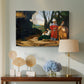 Canvas art print featuring a group of men posed near rocky terrain with distant landscape, displayed above a styled console table