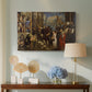 Canvas art print featuring a narrative scene of Christ among soldiers and onlookers, displayed above a styled console table