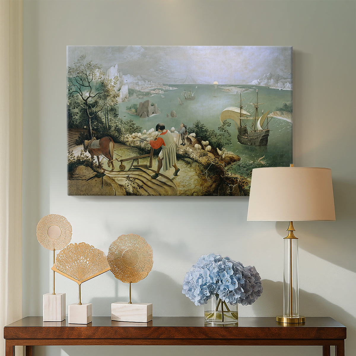Canvas art print featuring a daily life with hidden narrative, displayed above a styled console table