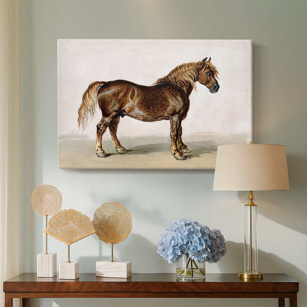 Canvas art print featuring a realistic animal study emphasizing strength and build, displayed above a styled console table