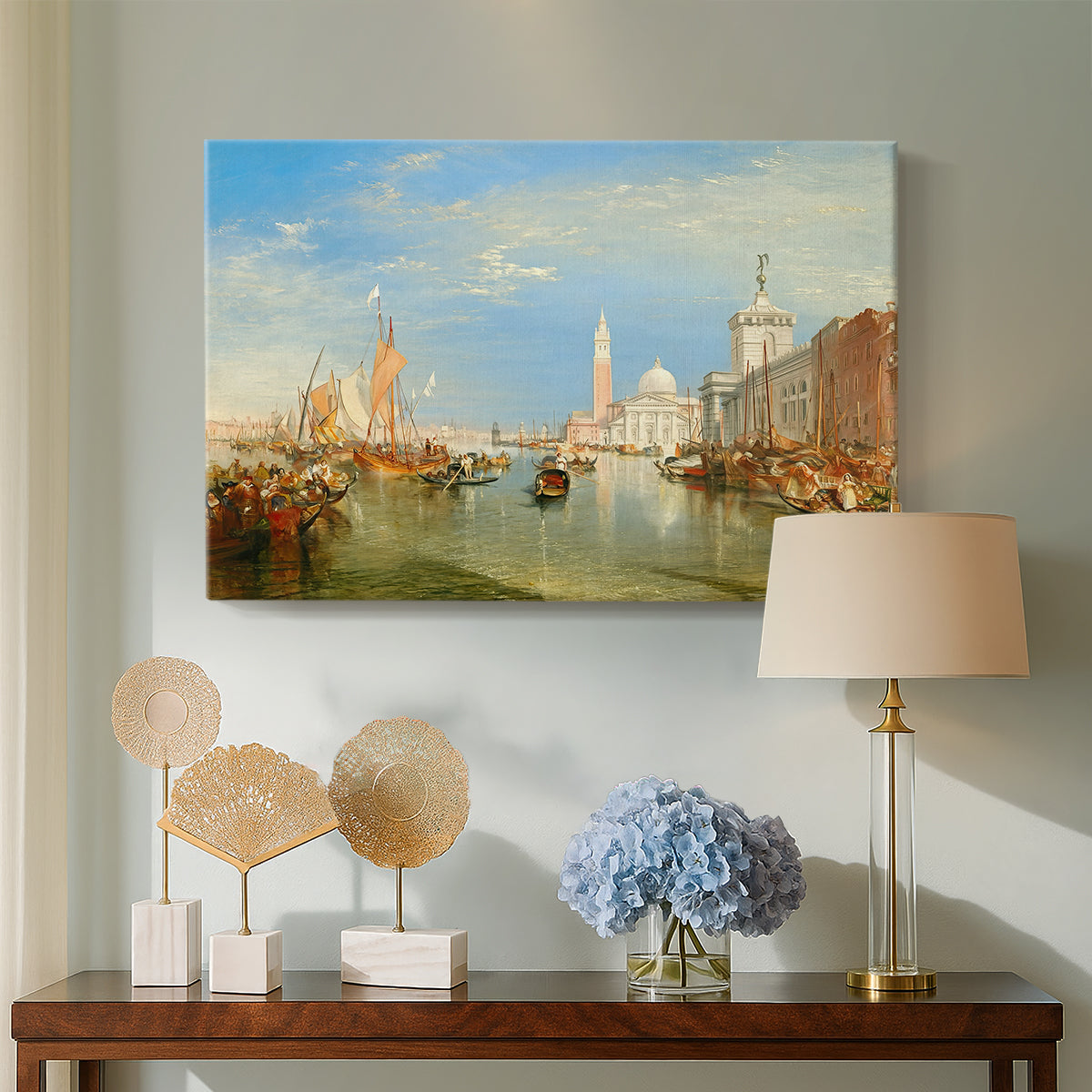 Canvas art print featuring an atmospheric scene with reflections, displayed above a styled console table