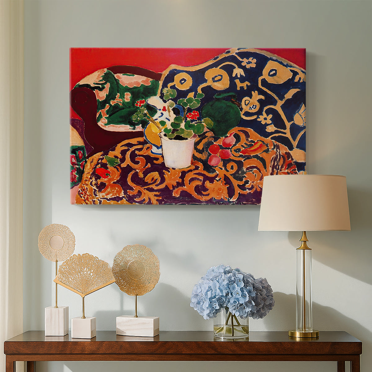 Canvas art print featuring a Fauvist still life filled with decorative pattern and objects, displayed above a styled console table
