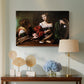 Canvas art print featuring an intimate interaction between two women with mirror and objects, displayed above a styled console table