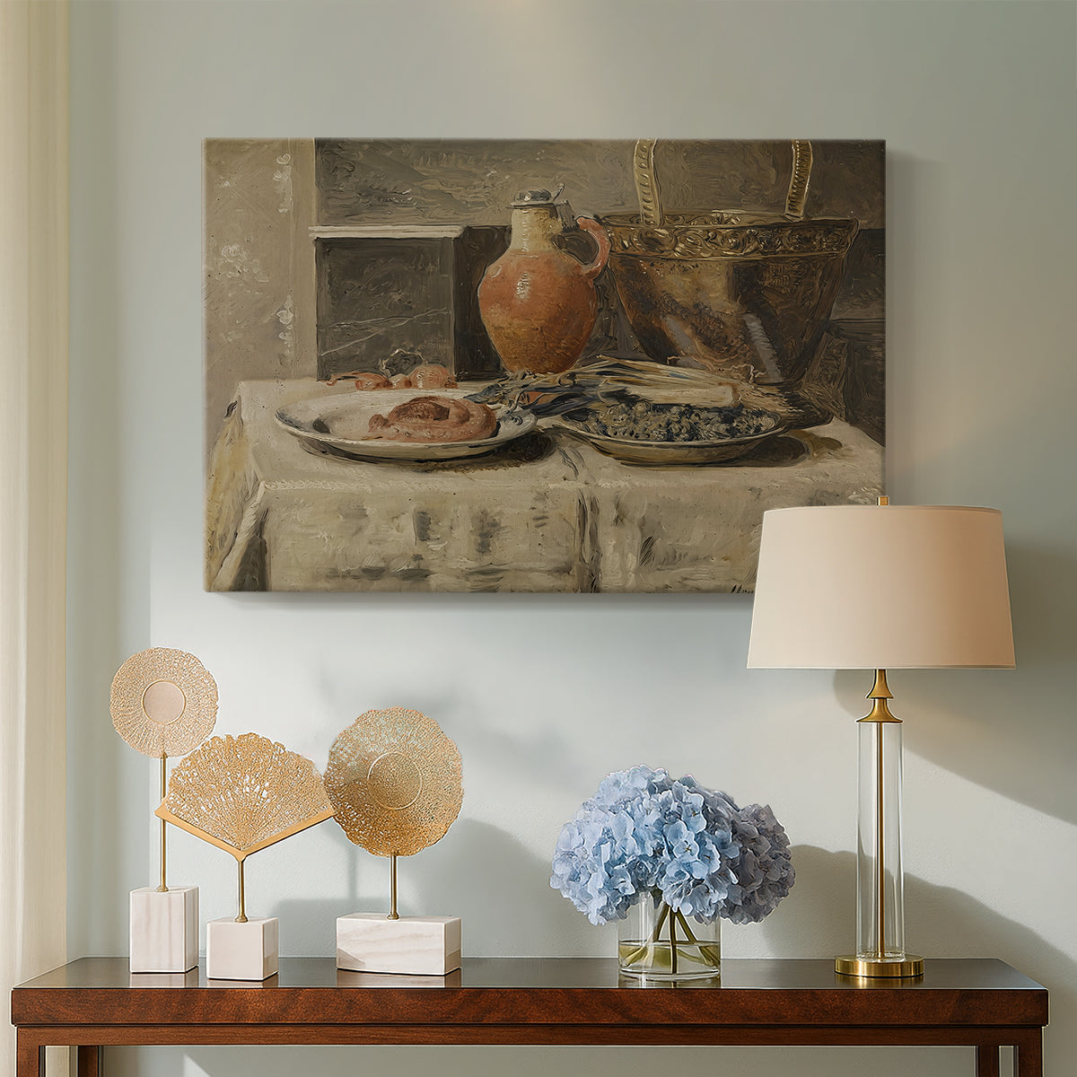 Canvas art print featuring a minimal composition of everyday objects in soft light, displayed above a styled console table