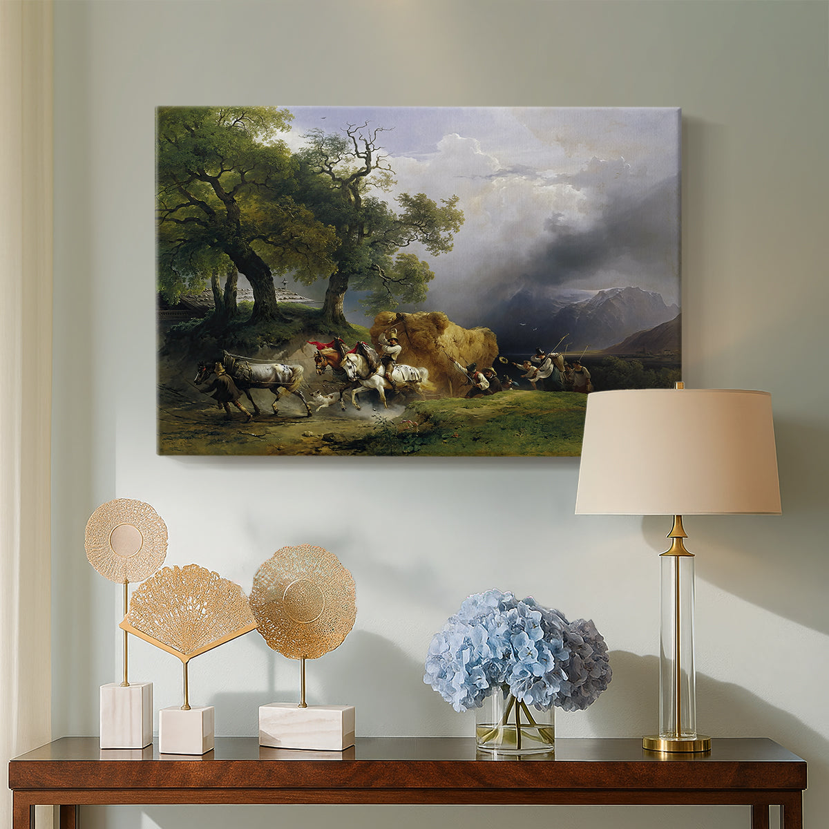 Canvas art print featuring a rural composition with agricultural work, displayed above a styled console table