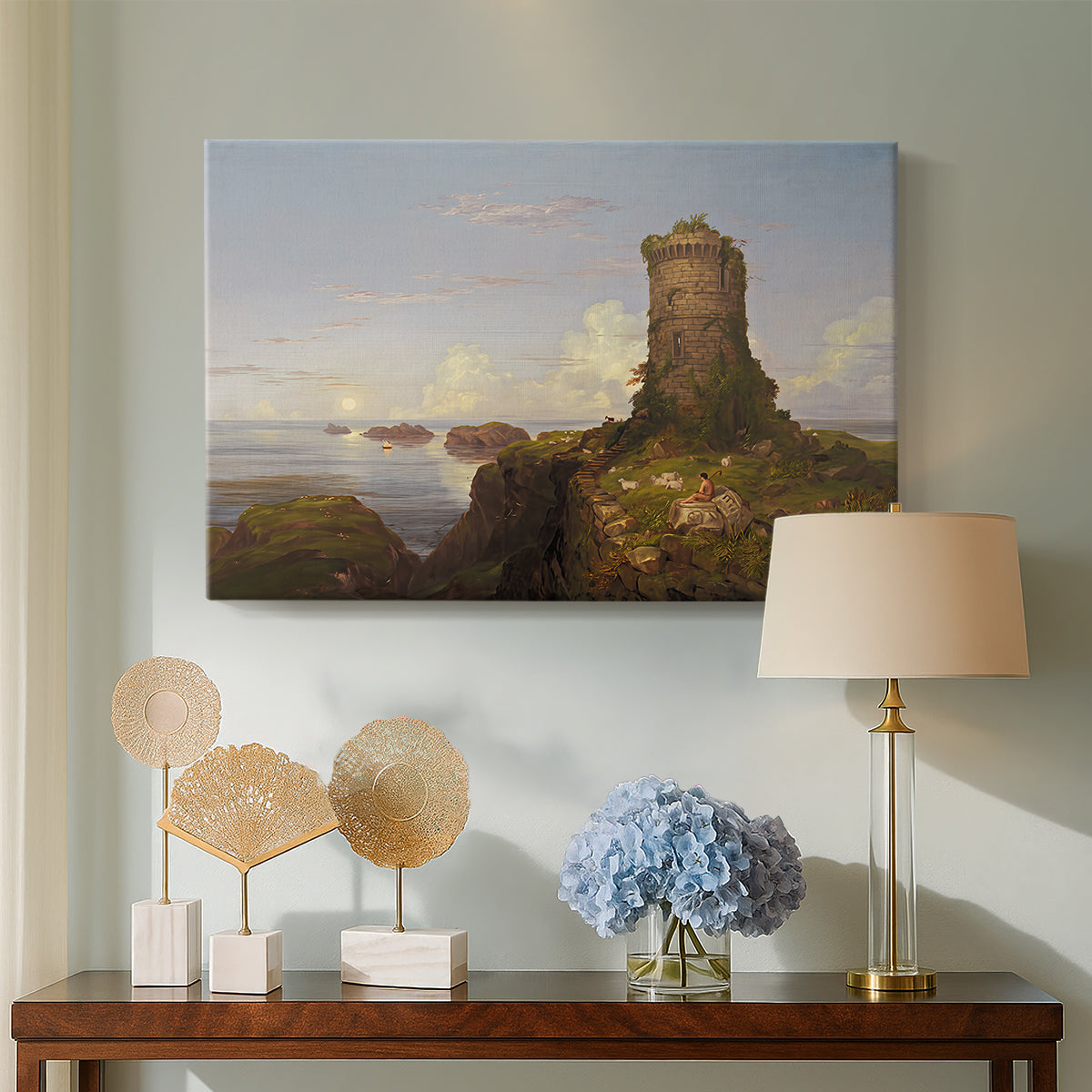 Canvas art print featuring an atmospheric composition with architecture, displayed above a styled console table