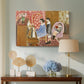 Canvas art print featuring an expressive interior with piano and figures, displayed above a styled console table
