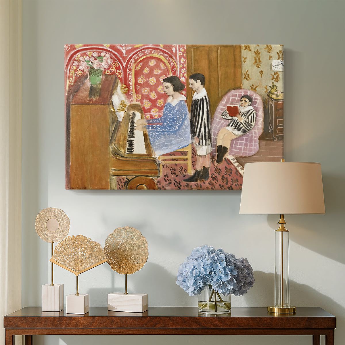 Canvas art print featuring an expressive interior with piano and figures, displayed above a styled console table