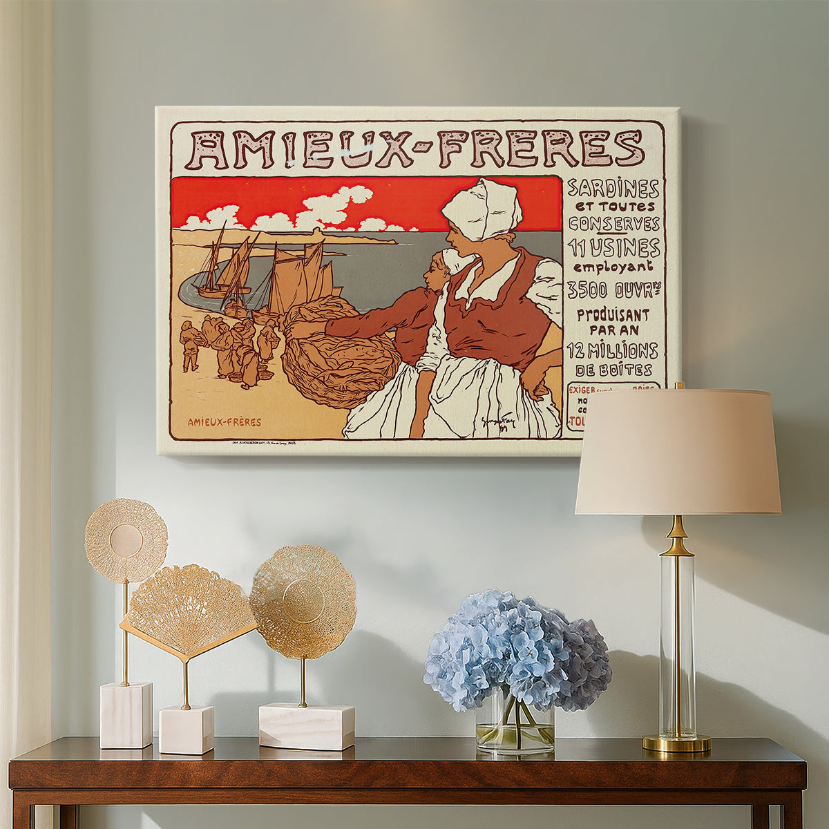 Canvas art print featuring an early advertising artwork with bold typography and graphic illustration, displayed above a styled console table