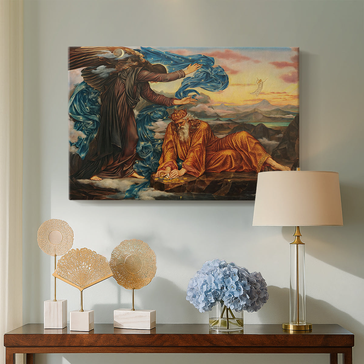 Canvas art print featuring a symbolic composition exploring human form and spiritual themes, displayed above a styled console table