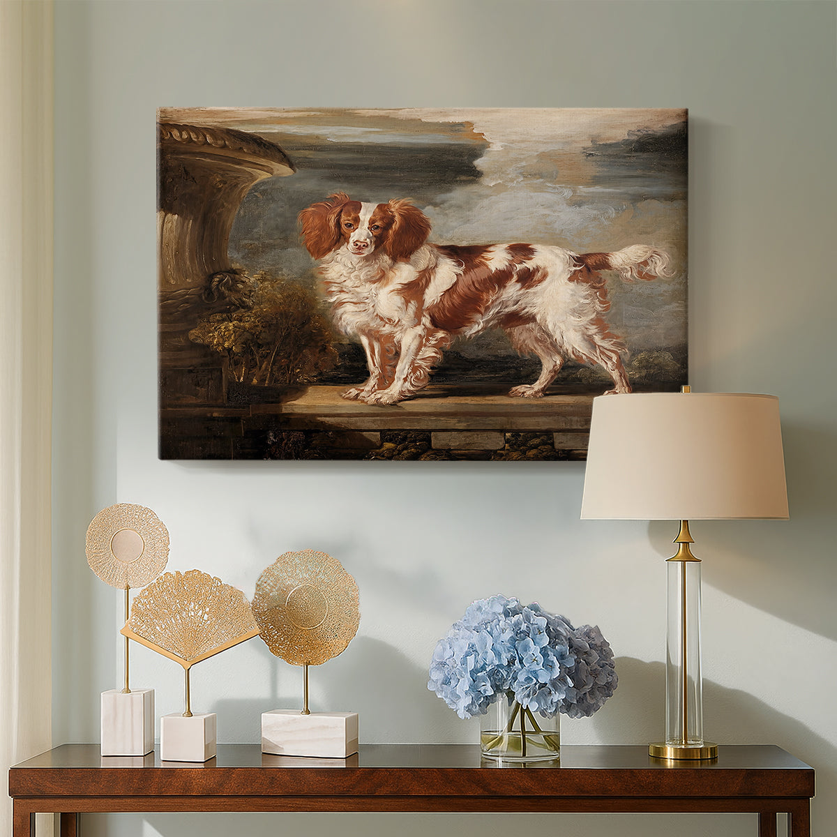Canvas art print featuring a realistic depiction of spaniel with soft fur texture, displayed above a styled console table