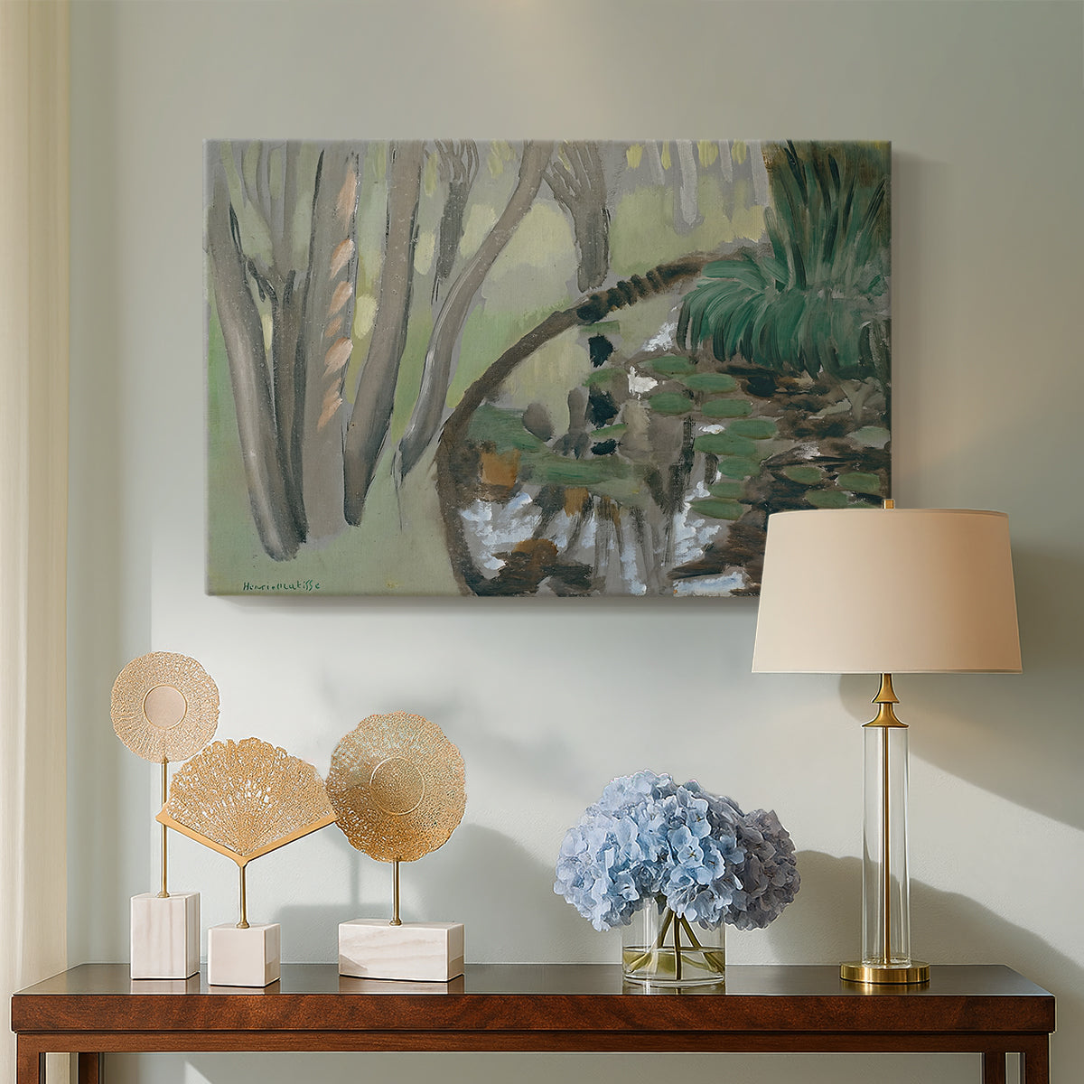 Canvas art print featuring an expressive nature scene with stream, displayed above a styled console table