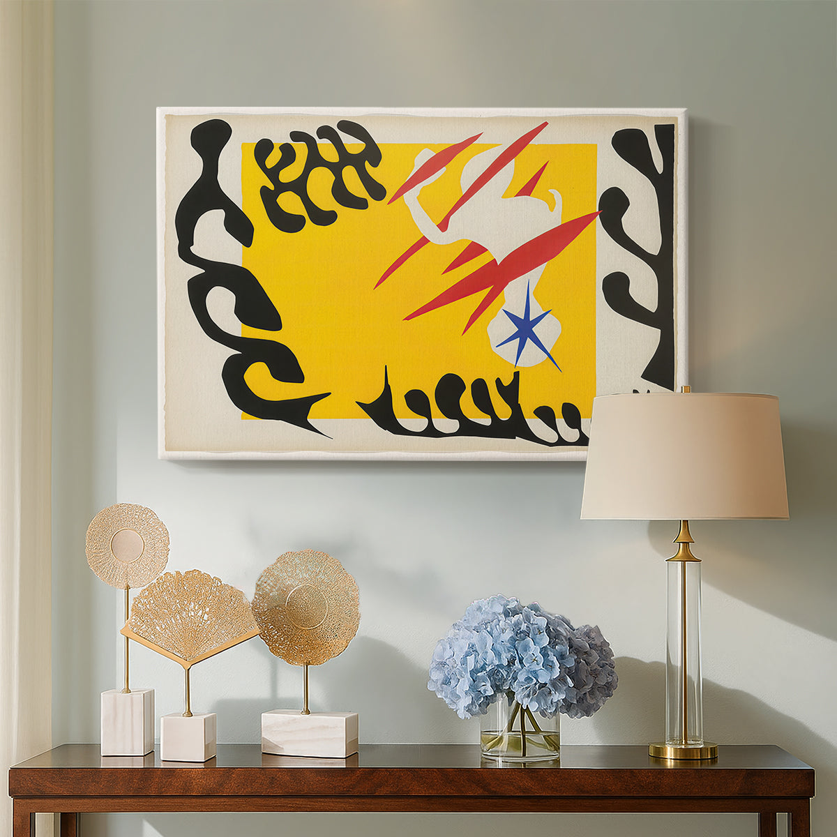 Canvas art print featuring an expressive abstract artwork with bold shapes, displayed above a styled console table