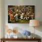 Canvas art print featuring figures interacting in festive setting, displayed above a styled console table