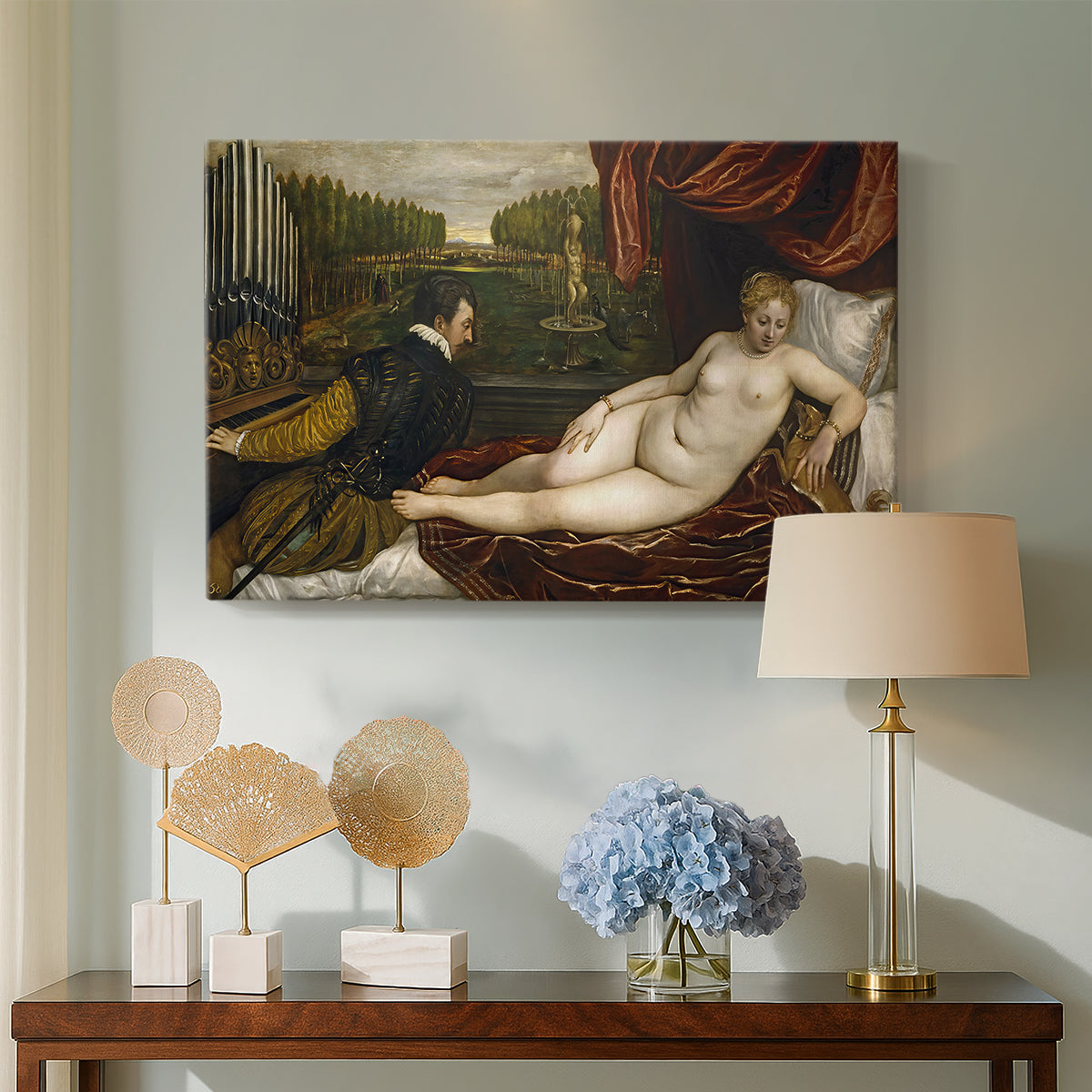Canvas art print featuring a sensual composition combining nude figure, instrument, and domestic animal, displayed above a styled console table