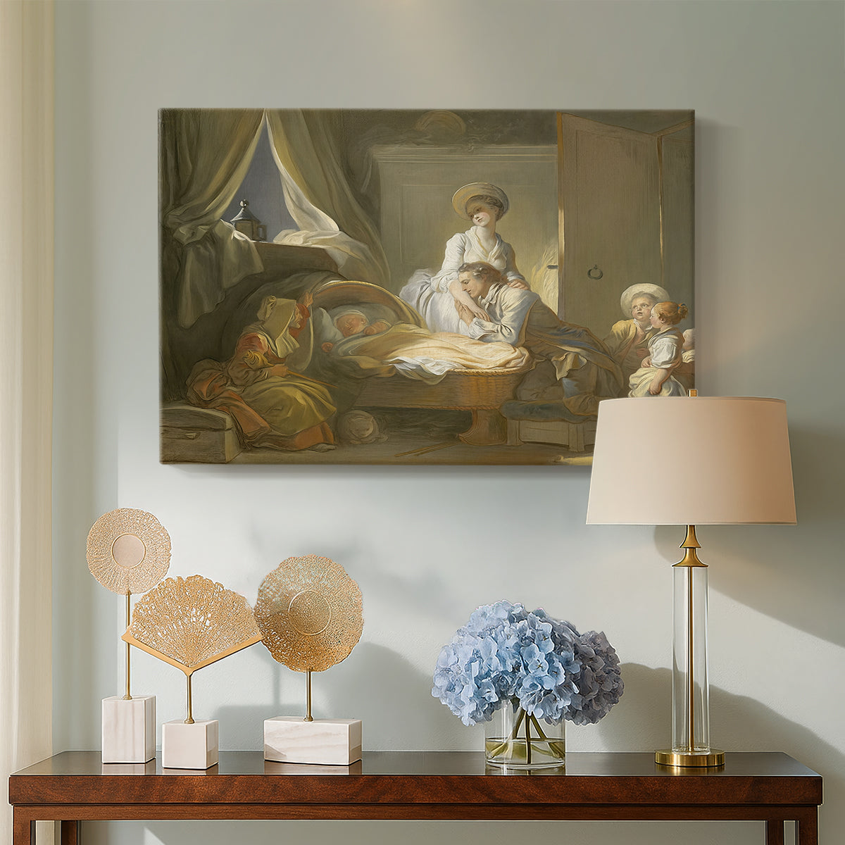Canvas art print featuring an expressive caregiving moment indoors, displayed above a styled console table