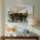 Canvas art print featuring a dynamic composition with people animals and boat, displayed above a styled console table