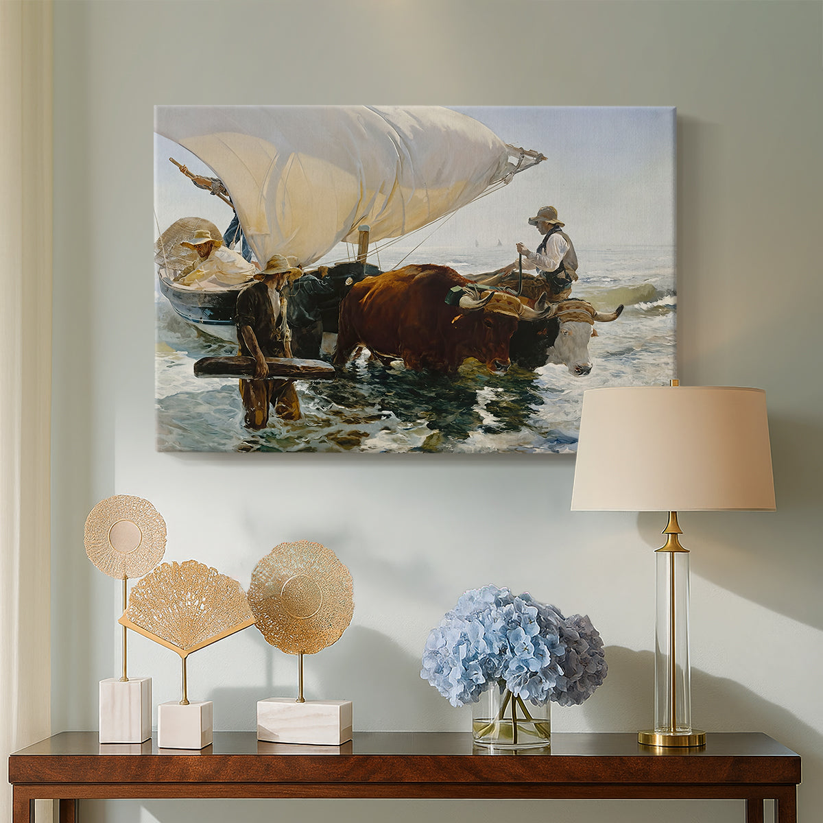 Canvas art print featuring a dynamic composition with people animals and boat, displayed above a styled console table