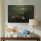 Canvas art print featuring a tranquil lake setting with figures engaged in traditional fishing, displayed above a styled console table