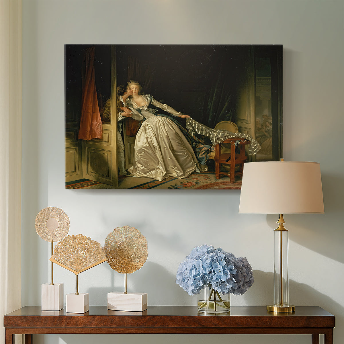 Canvas art print featuring an expressive composition of figures in close interaction indoors, displayed above a styled console table