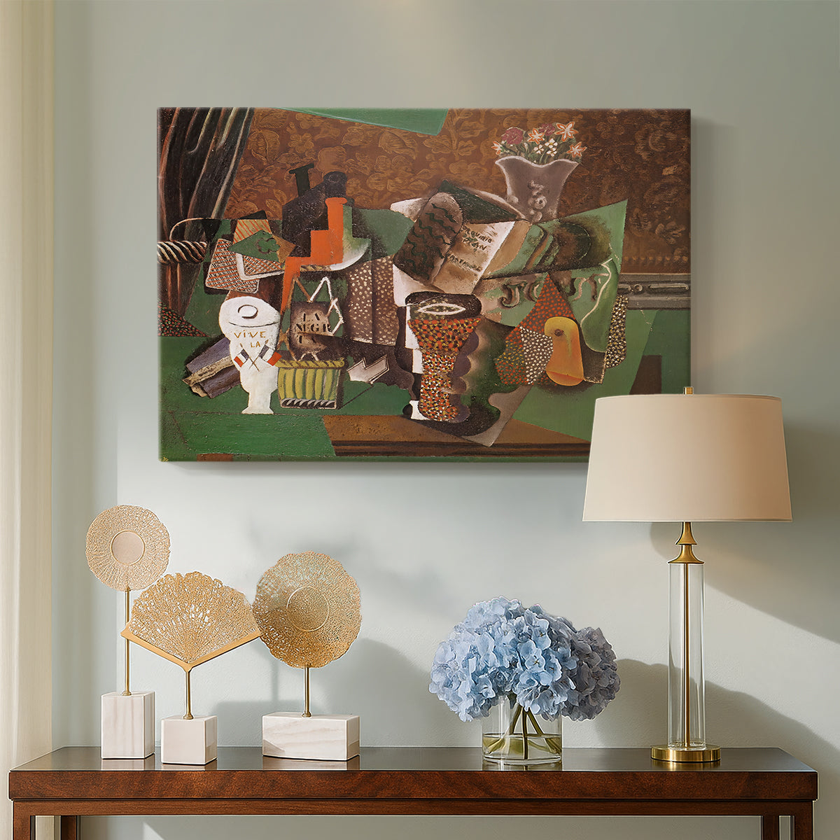 Canvas art print featuring a fragmented still life with overlapping shapes, displayed above a styled console table