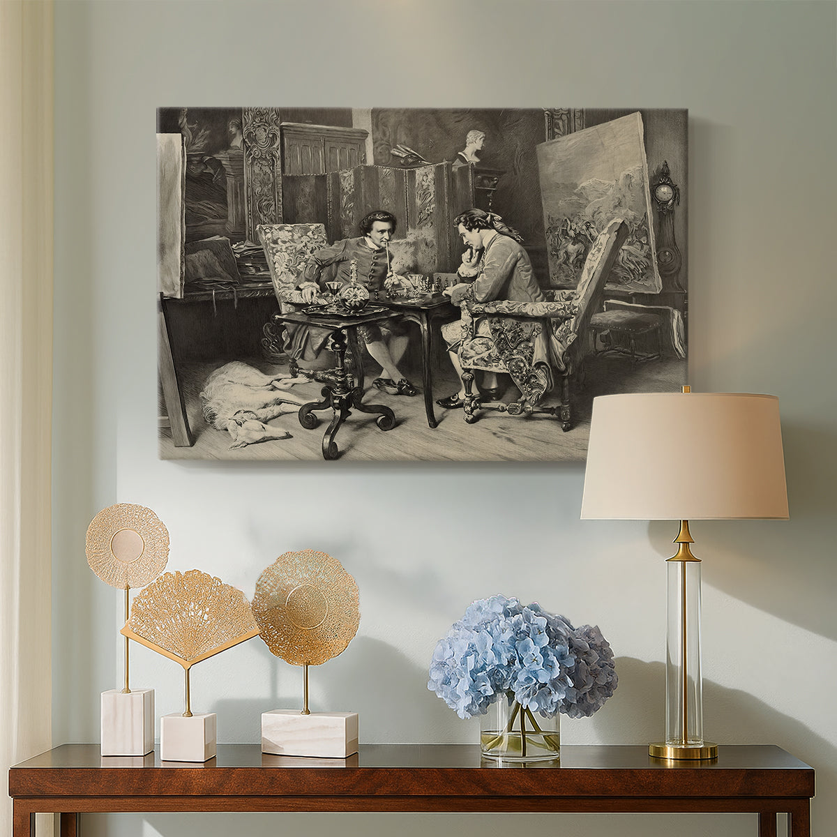 Canvas art print featuring an intimate interior with players focused on board and pieces, displayed above a styled console table