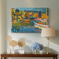 Canvas art print featuring a dynamic arrangement with simplified natural and man-made forms, displayed above a styled console table