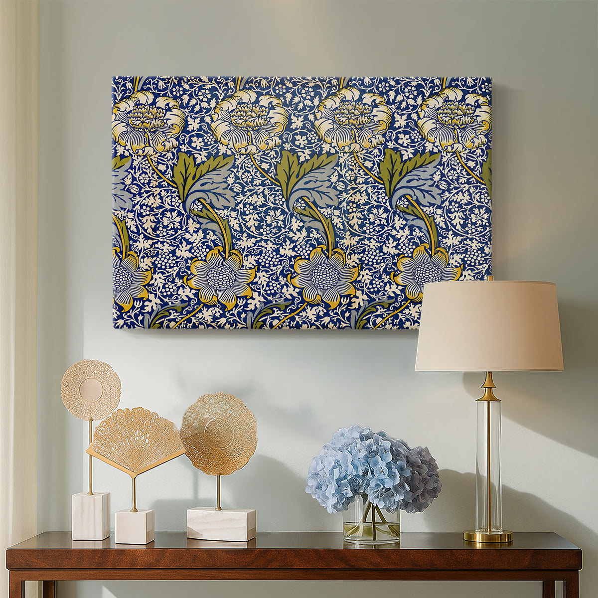 Canvas art print featuring an ornamental pattern combining birds, leaves, and flowers, displayed above a styled console table