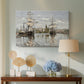 Canvas art print featuring a harbor view with tall ships lining the waterfront in muted tones, displayed above a styled console table