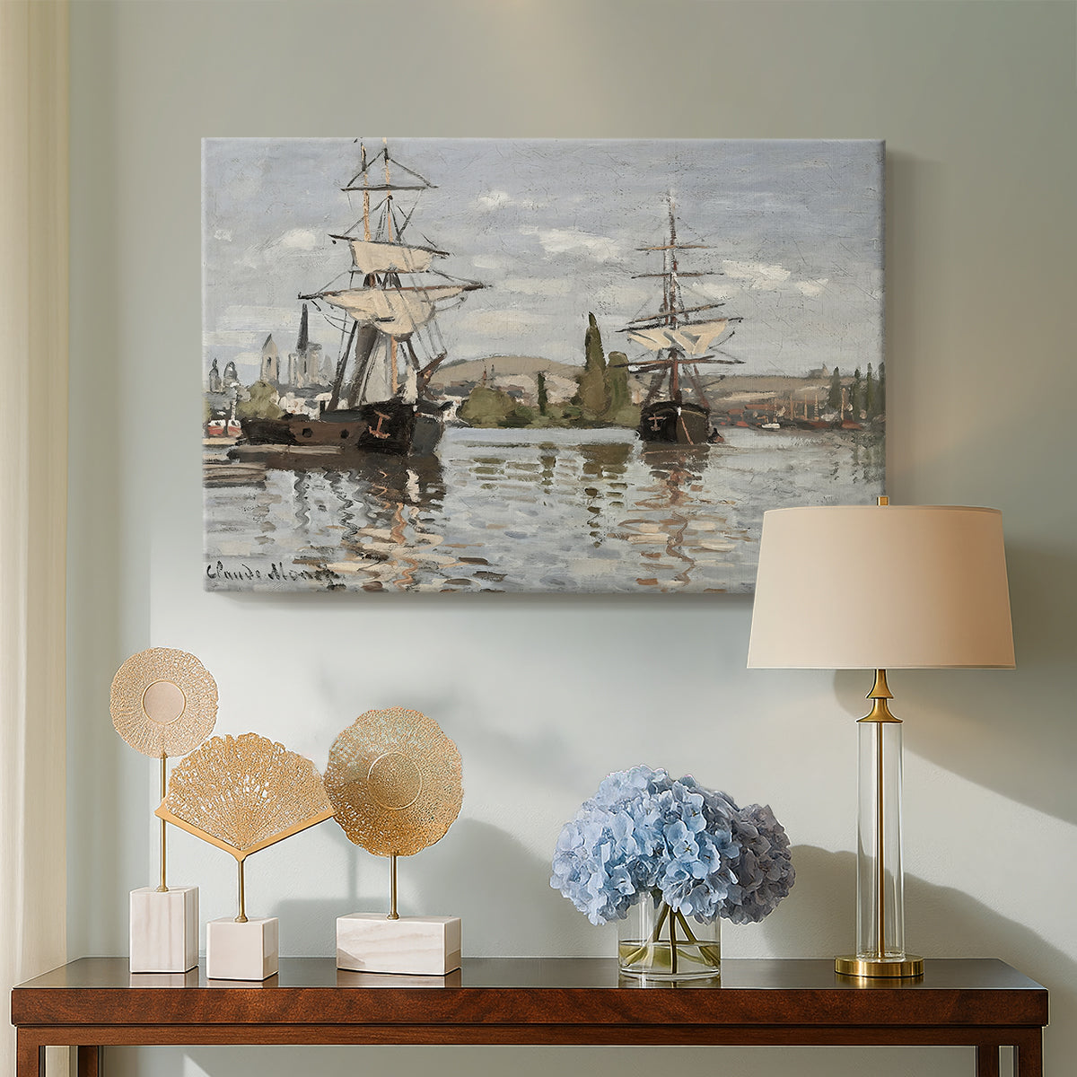 Canvas art print featuring a harbor view with tall ships lining the waterfront in muted tones, displayed above a styled console table