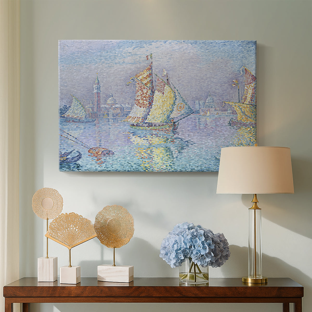 Canvas art print featuring a pointillist vessel composition, displayed above a styled console table