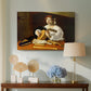 Canvas art print featuring a detailed scene of youth playing string instrument with fruit and flowers nearby, displayed above a styled console table