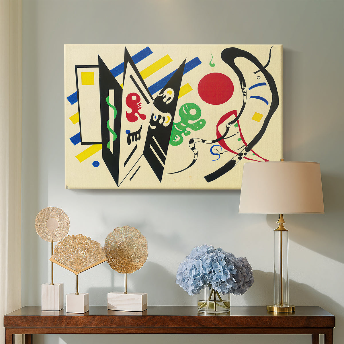 Canvas art print featuring a geometric abstraction emphasizing structure and contrast, displayed above a styled console table