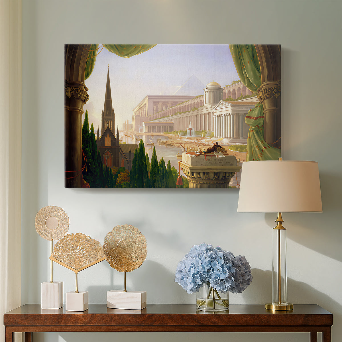 Canvas art print featuring an imaginative scene combining classical and monumental buildings, displayed above a styled console table