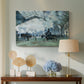Canvas art print featuring an interior view of station filled with movement and smoke, displayed above a styled console table