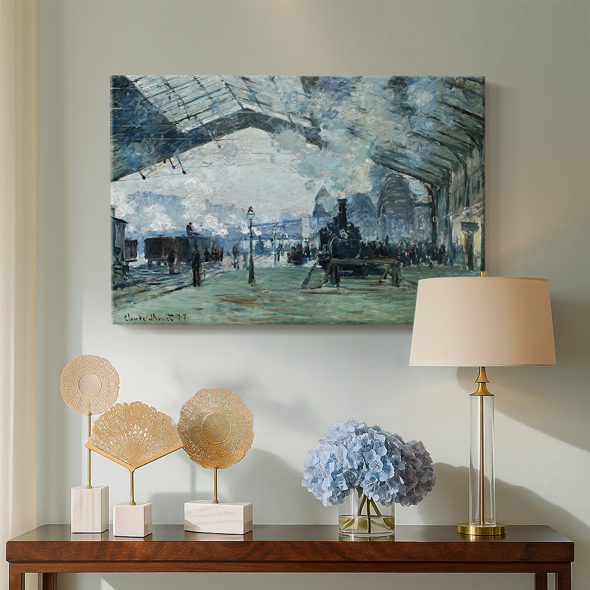 Canvas art print featuring an interior view of station filled with movement and smoke, displayed above a styled console table