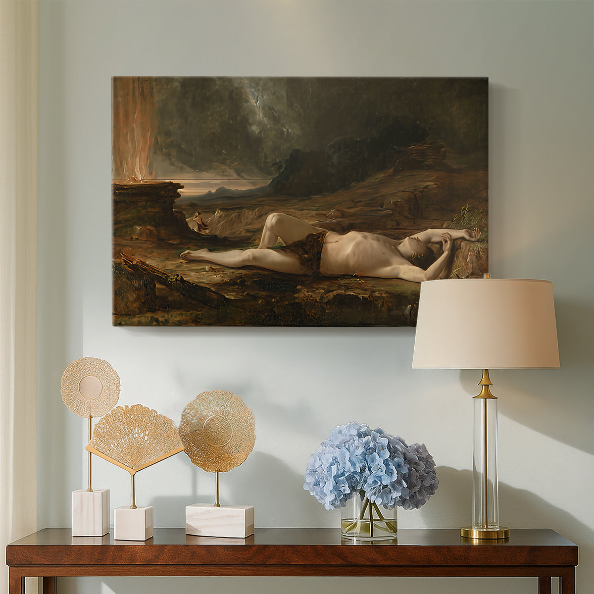 Canvas art print featuring a dramatic composition emphasizing stillness and loss, displayed above a styled console table