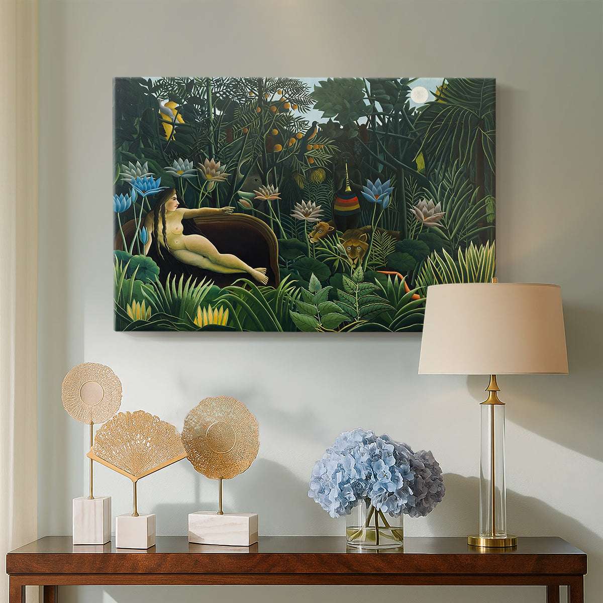 Canvas art print featuring a stylized jungle composition with human figure and foliage, displayed above a styled console table