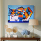 Canvas art print featuring an abstract portrait using segmentation, displayed above a styled console table
