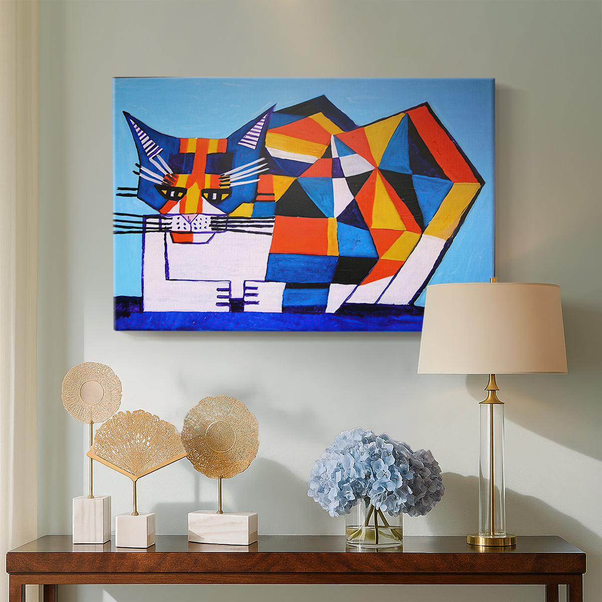 Canvas art print featuring an abstract portrait using segmentation, displayed above a styled console table