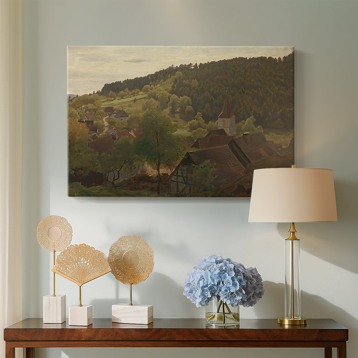 Canvas art print featuring a scenic viewpoint with expansive natural landscape, displayed above a styled console table