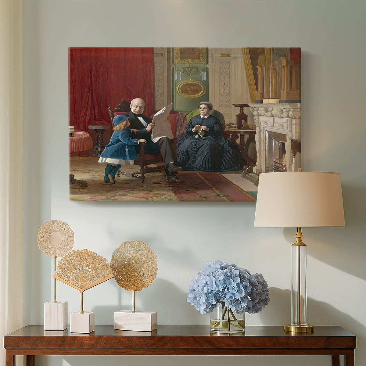 Canvas art print featuring an Americana scene with figures sitting and interacting indoors, displayed above a styled console table