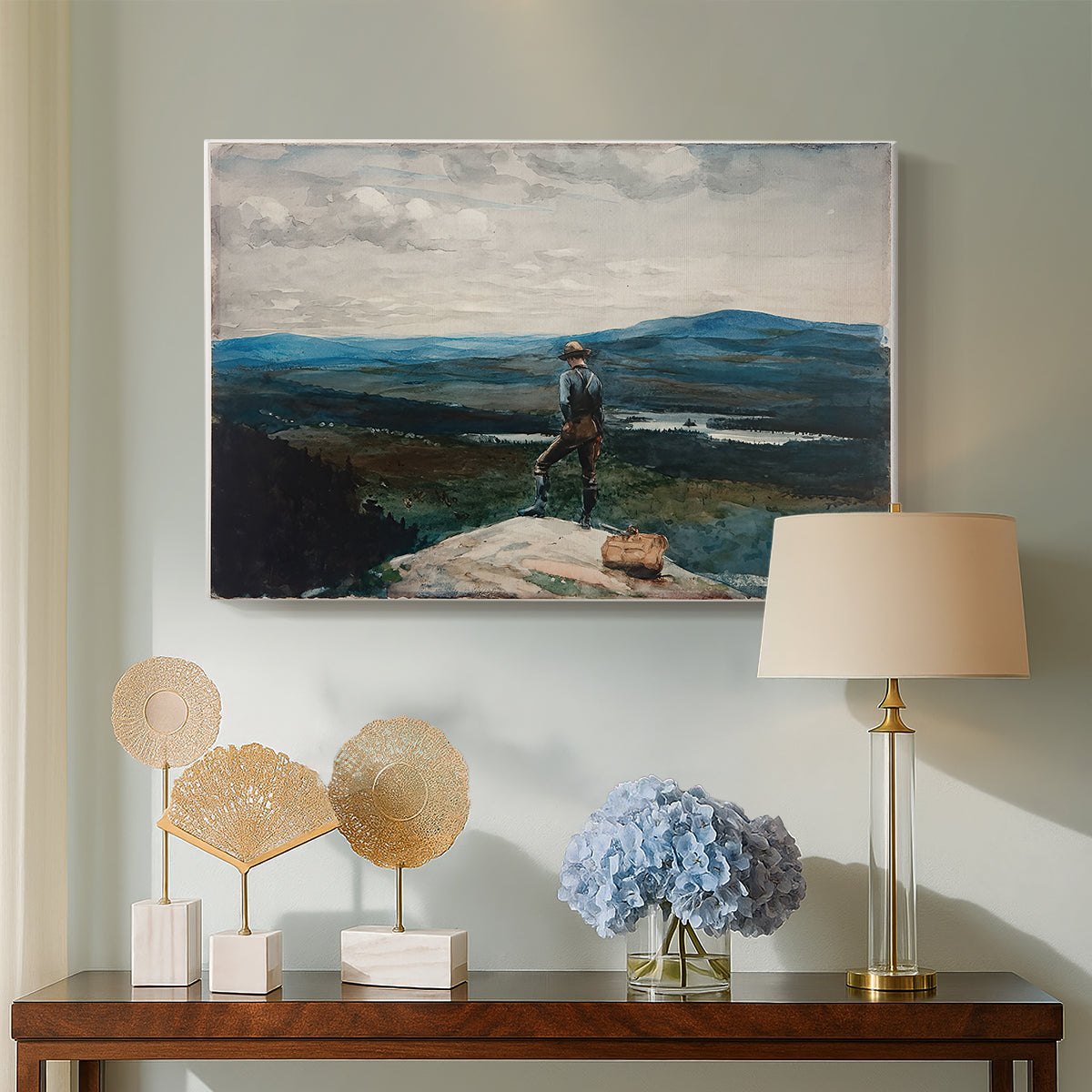 Canvas art print featuring a composition combining figure, water, and distant landscape, displayed above a styled console table