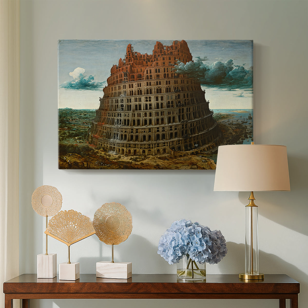 Canvas art print featuring a symbolic scene of a towering structure and landscape, displayed above a styled console table