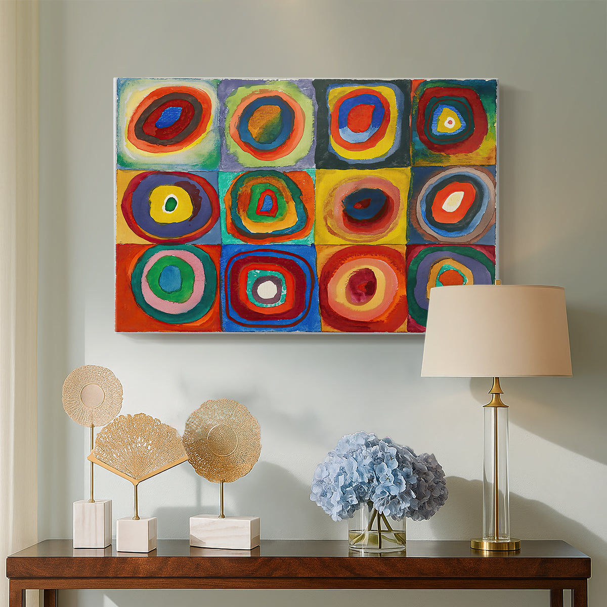 Canvas art print featuring a geometric study emphasizing variation within uniform layout, displayed above a styled console table